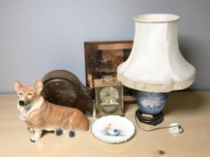 A ceramic figure of a corgi, mantel timepiece, Art Deco mantel clock, copper panel,