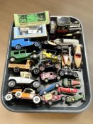 A collection of die cast cars including Matchbox, Days Gone, tin plate models, etc.