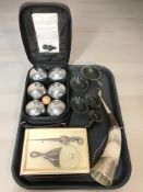 A horn with plated mounts, set of boules, group of graduated hedgehog dishes,