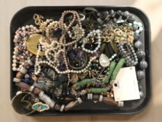 A collection of costume bead necklaces, simulated pearls, gold plated jewellery, etc.