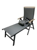 A stained wood and woven plastic garden lounger.