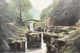 Ivan Lindsay : Jesmond Dene waterfall, oil on board, 75 cm x 50 cm.