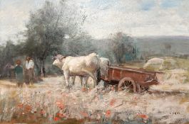 G Sani : Cattle pulling a cart, oil on board, 29 cm x 19 cm.