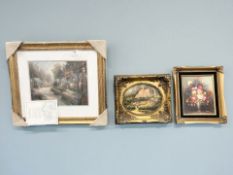 After Thomas Kinkade : Cottages in woodland, colour print, 35 cm x 28 cm,