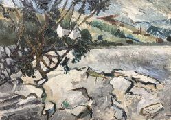 Rodgen : A view across a river towards a hillside, oil on board, 71 cm x 50 cm.