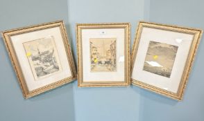 Three hand coloured 20th century engravings depicting geese and continental landscapes,