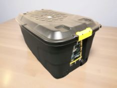 A heavy duty plastic storage box on wheels, length 95 cm.