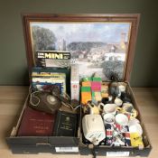 Assorted ceramics, tea pots, plastic telephone, various books, framed print, etc.