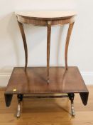 A reproduction mahogany drop leaf coffee table and a demi-lune hall table.