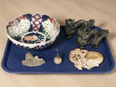 A Japanese Imari scalloped edge fruit bowl, a group of Chinese soapstone carvings, etc.