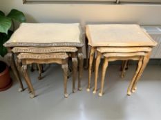 Two 20th century carved walnut nests of three tables, with plate glass tops, width 60 cm.