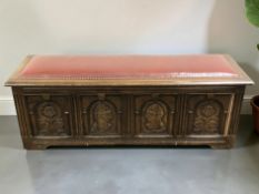 A 20th century panelled oak and brass studded leather blanket box, 140 cm x 46 cm x 49 cm.