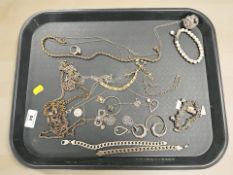 A group of jewellery items to include chains, necklaces, dress ring, earrings, white metal chains.