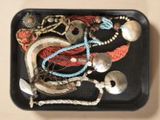 A group of shell bead necklaces, multi strand coral necklace, etc.