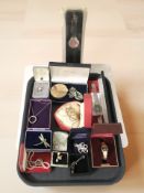 A group of lady's and gent's wristwatches, costume pendants, compact, gilt metal chains, etc.