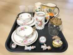 Two Staffordshire New Chelsea porcelain tea cup, saucer and side plate trios, marked 3885 in puce,