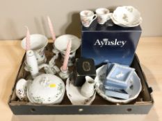 A collection of porcelain including Wedgwood blue and white jasperware items,