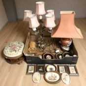 A modern Japanese porcelain lamp base, a further gilt metal lamp base, various miniature pictures,