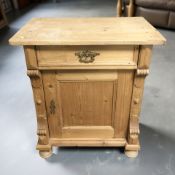A late Victorian pine single door side cabinet, 70 cm x 42 cm x 82 cm.