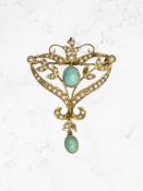 An Edwardian 9ct yellow gold pendant set with seed pearls and turquoise 30 mm x 40 mm