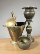 A Victorian brass swing handled coal scuttle, height 54 cm, together with a planter and a bowl.