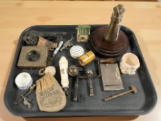 A brass table lighter in the form of a lighthouse, together with various metal wares, photo frame,