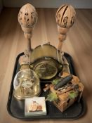 A pair of carved wooden lotus flower candlesticks, reproduction cuckoo clock,