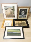 A group of pictures and prints, pastel study of ladies on a beach,