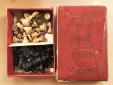 A Staunton-pattern stained boxwood chess set, kings 5cm, in box with Staunton House Martin label.