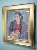 Josephine Graham : Girl with cat, oil on canvas, 25 cm x 20 cm.