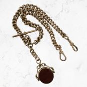 A 9ct yellow gold graduated double Albert watch chain with bloodstone swivel fob, length 39 cm.
