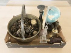 A Victorian brass jam pan containing pine cones, a poss stick, a school bell, hip flask,