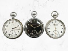 Two mid 20th century chrome pocket watches with British military markings to back by Leonidas and