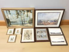 A group of pictures and prints, watercolour study of a town,