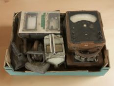 A group of antique irons, watt meter, a Meg insulation and continuity tester, etc.