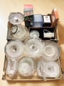 A group of pressed glass bowls, boxed pewter tankard, games compendium.