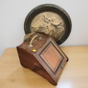 A Victorian mahogany coal receiver and a print in carved frame.