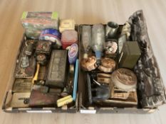 A collection of vintage / antique tins, die cast car, wooden carvings, ships in bottles, sea shells,
