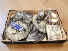 EPNS wares including serving platters, tea service, various cutlery, swing handled basket, etc.