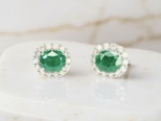 A pair of 18ct white gold emerald and diamond cluster earrings CONDITION REPORT: