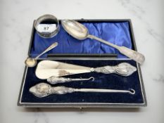 A Newcastle silver teaspoon dated 1861, together with silver napkin ring,