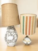 Two 1970's pottery table lamps with shades, tallest 82 cm high overall.