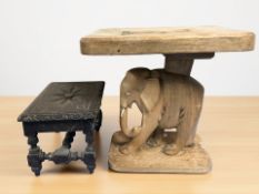 A hardwood stool on elephant support, height 37 cm, and a 19th century carved oak stool.