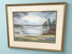 June Colvin : Boats on a lake, pastel, 44 cm x 31 cm.