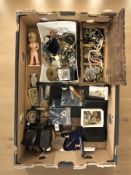 A collection of costume jewellery, compass, coins, leather wallets, etc.