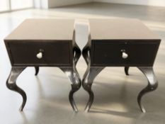A pair of reproduction ebonised bedside tables on cabriole legs, width 50 cm.