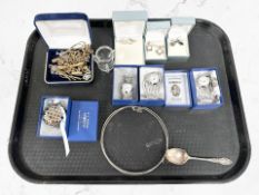 A silver teaspoon, small silver-rimmed glass vessel, A E Williams cast pewter items,