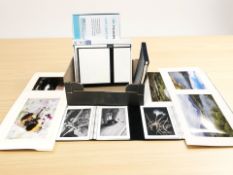 A group of photographs and photographic prints, an LED light pad, an artist's canvas, etc.