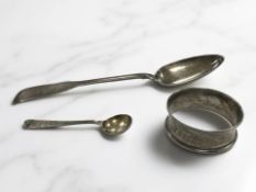 A Victorian silver dessert spoon, Thomas Sewell I, Newcastle 1861, a caddy spoon, and a napkin ring.