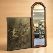 A mahogany framed mirror, height 75 cm, and a decorative panel depicting birds.